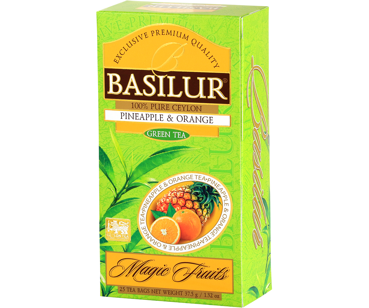 Basilur Pineapple & Orange Magic Fruits zielona herbata widok opakowania z boku
