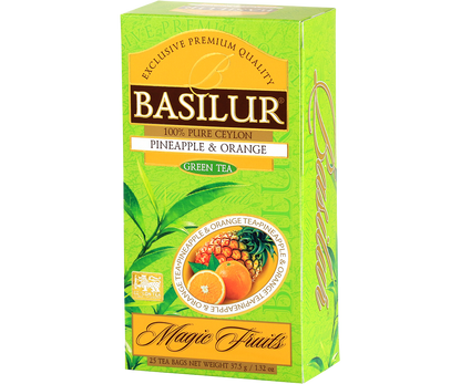 Basilur Pineapple & Orange Magic Fruits zielona herbata widok opakowania z boku
