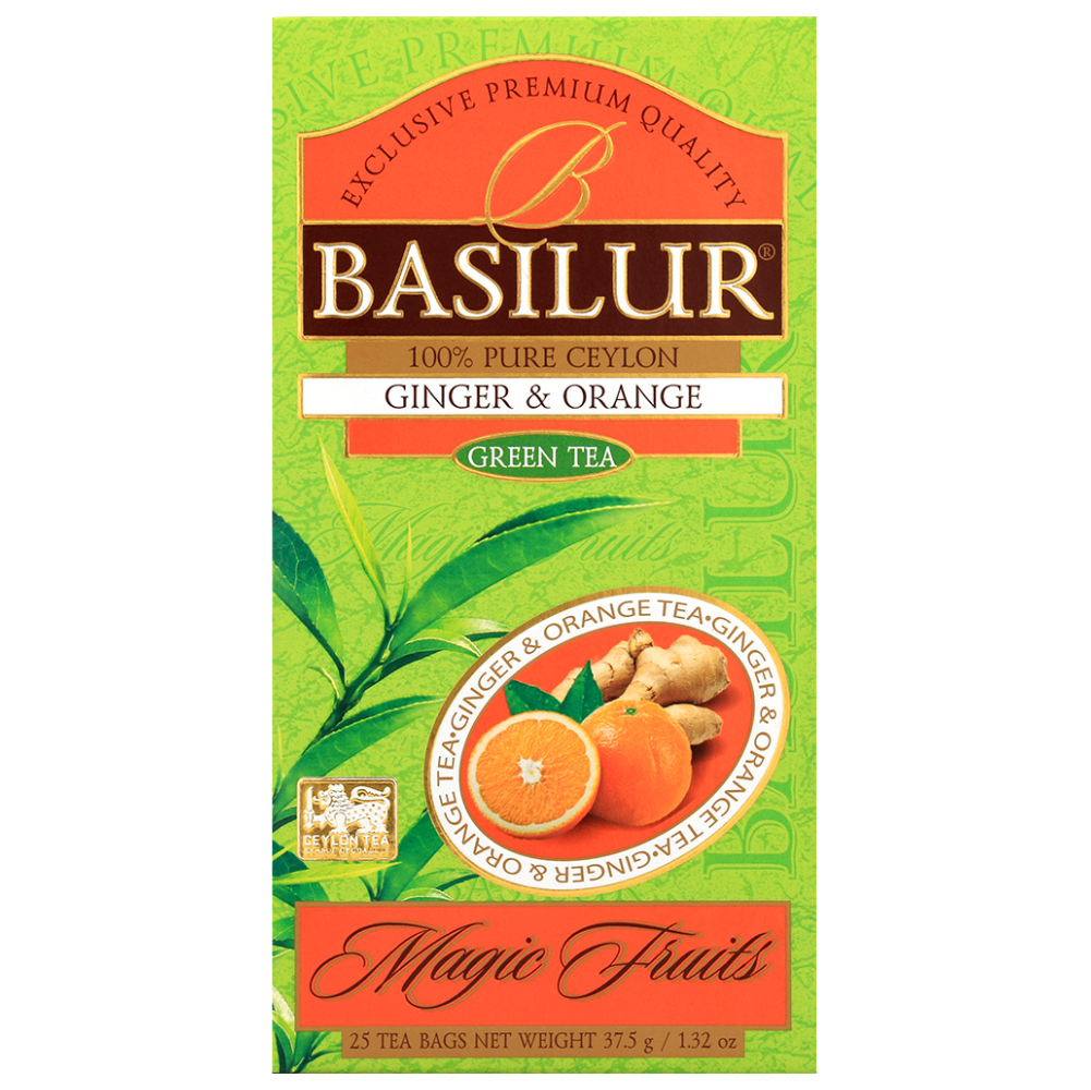 Zielona herbata Basilur Ginger & Orange w żywym, zielono-pomarańczowym opakowaniu Magic Fruits.