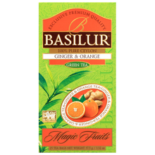 Zielona herbata Basilur Ginger & Orange w żywym, zielono-pomarańczowym opakowaniu Magic Fruits.
