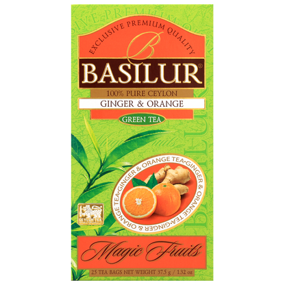 Zielona herbata Basilur Ginger & Orange w żywym, zielono-pomarańczowym opakowaniu Magic Fruits.