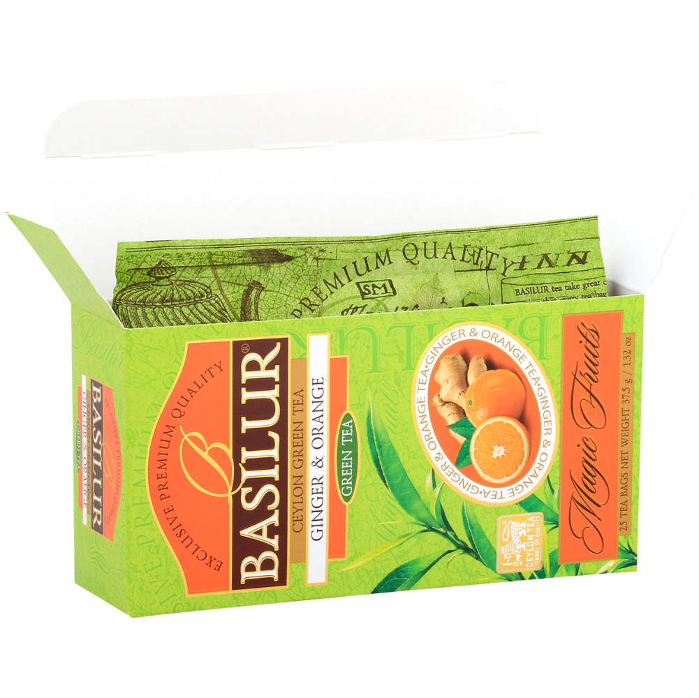 Otwarta herbata Basilur Ginger & Orange z widocznymi foliowymi kopertami saszetek.