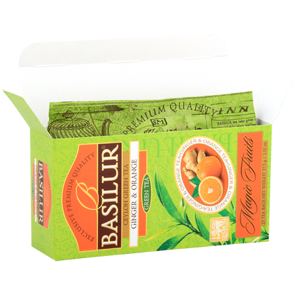 Otwarta herbata Basilur Ginger & Orange z widocznymi foliowymi kopertami saszetek.