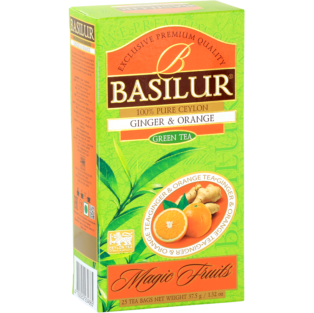 Herbata Basilur Ginger & Orange przedstawiona na froncie opakowania z grafiką imbiru i pomarańczy.
