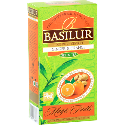 Herbata Basilur Ginger & Orange przedstawiona na froncie opakowania z grafiką imbiru i pomarańczy.