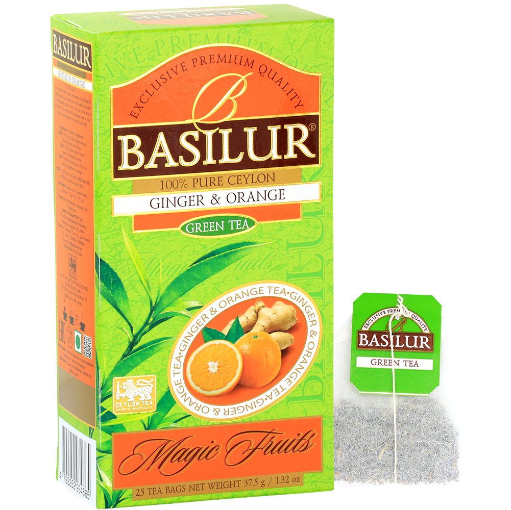 Saszetka Basilur Ginger & Orange obok kartonika zielonej herbaty.