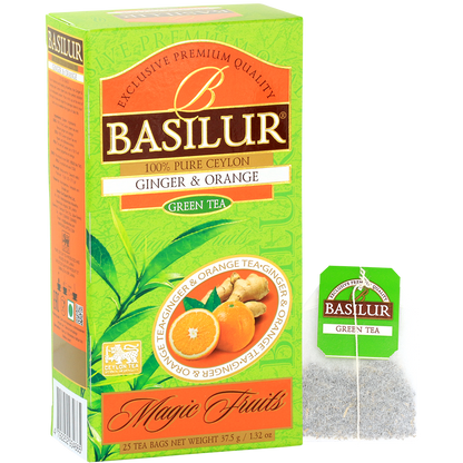 Saszetka Basilur Ginger & Orange obok kartonika zielonej herbaty.
