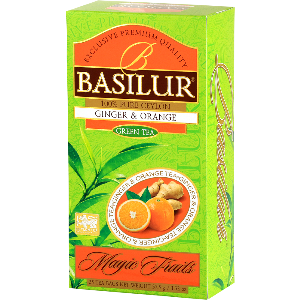Opakowanie Basilur Ginger & Orange z serii Magic Fruits ukazane pod lekkim kątem.