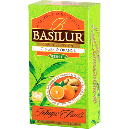 Opakowanie Basilur Ginger & Orange z serii Magic Fruits ukazane pod lekkim kątem.