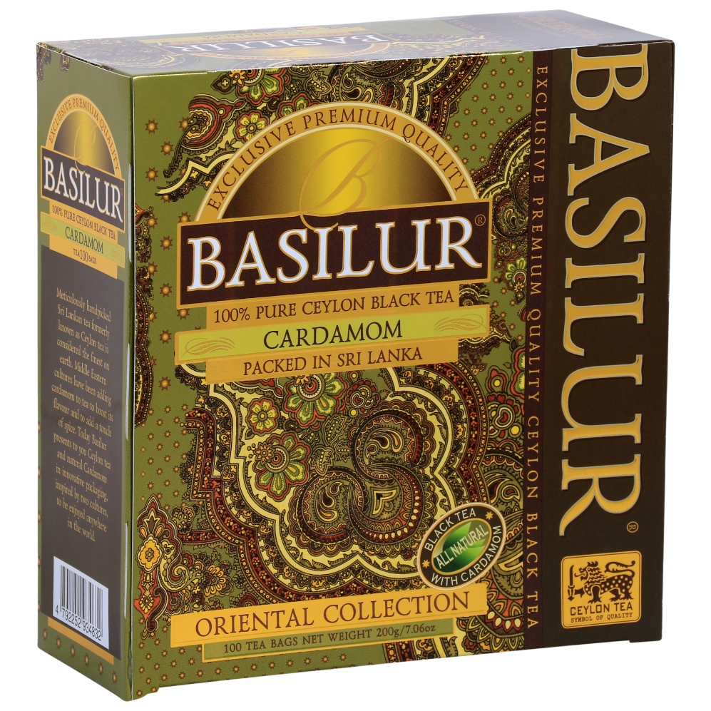 Herbata Basilur Cardamom – czarna herbata cejlońska z kardamonem w ozdobnym, zielono-złotym opakowaniu.