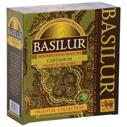 Herbata Basilur Cardamom – czarna herbata cejlońska z kardamonem w ozdobnym, zielono-złotym opakowaniu.