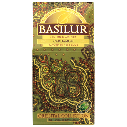 Front opakowania Basilur Cardamon 100 g, aromatyczna czarna herbata cejlońska z kardamonem premium.