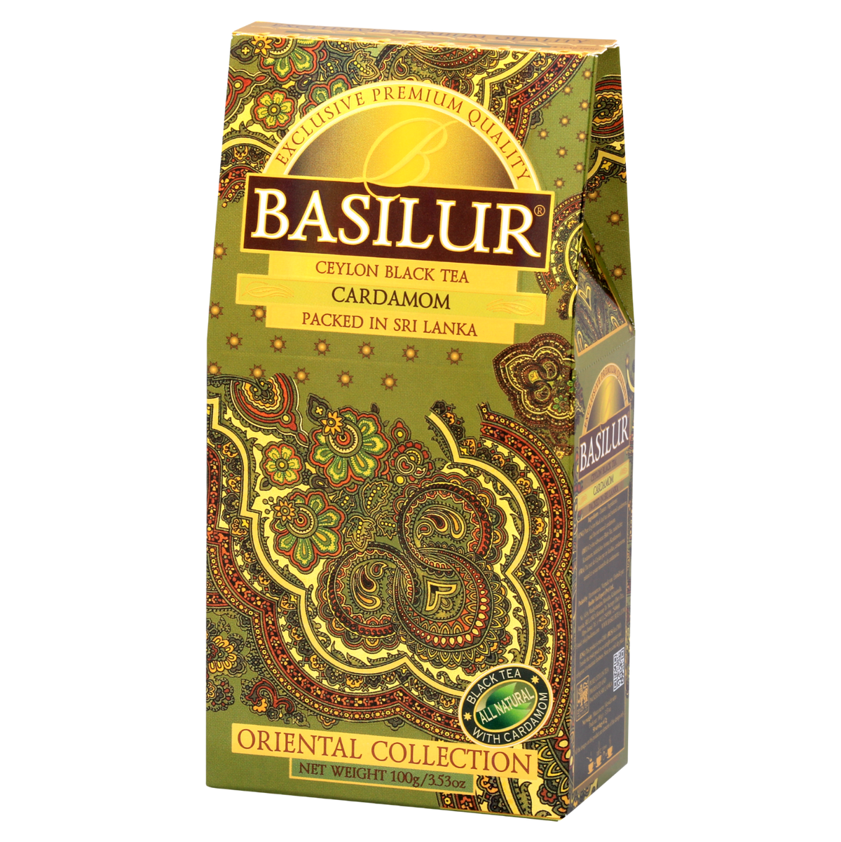 Opakowanie herbaty Basilur Cardamon 100 g z orientalnym wzorem i cejlońską herbatą premium.