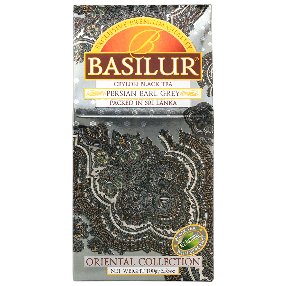 Przód opakowania herbaty Basilur Persian Earl Grey z orientalnym wzorem