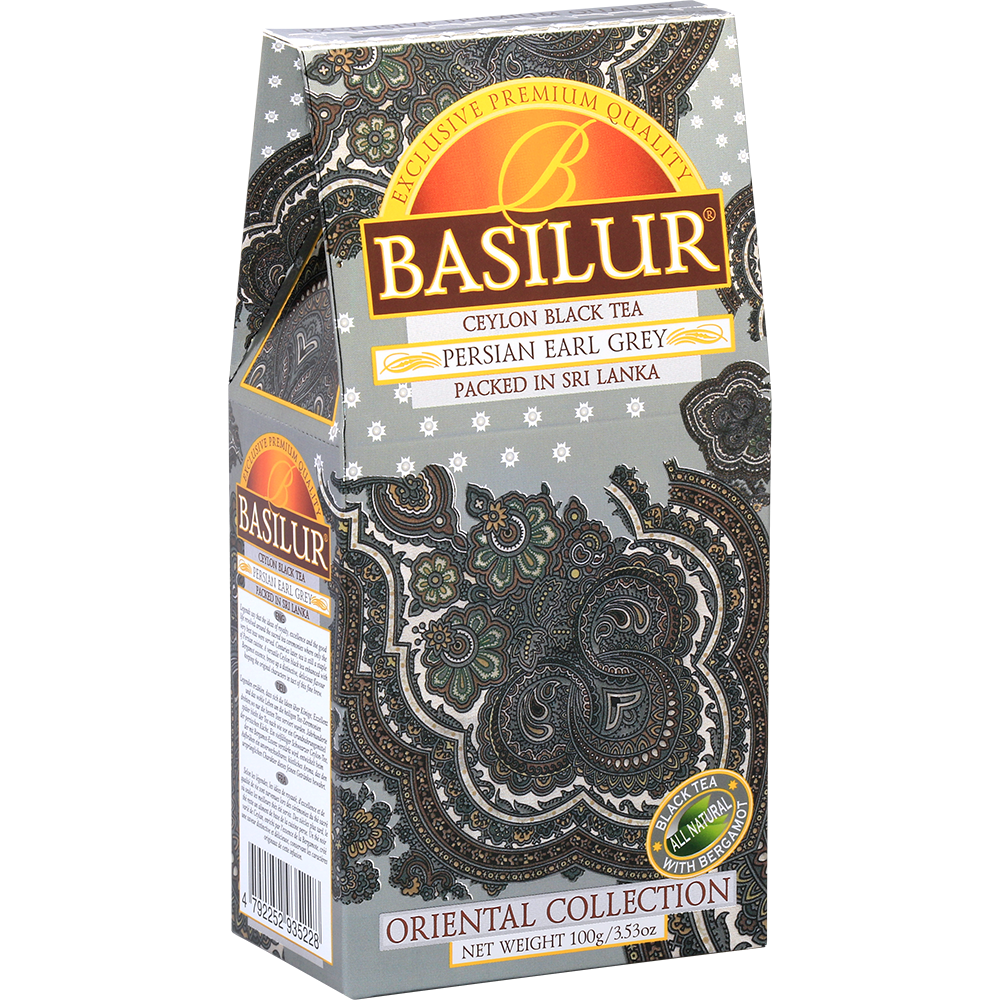 Bok pudełka Basilur Persian Earl Grey z ozdobnym motywem paisley