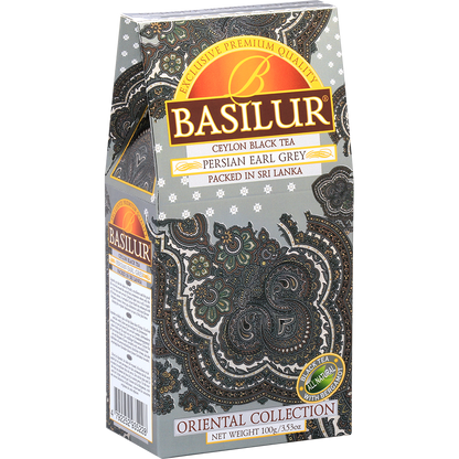 Bok pudełka Basilur Persian Earl Grey z ozdobnym motywem paisley