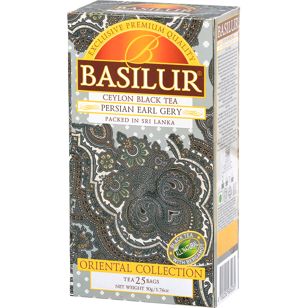 Bok opakowania Basilur Persian Earl Grey z orientalnym wzorem