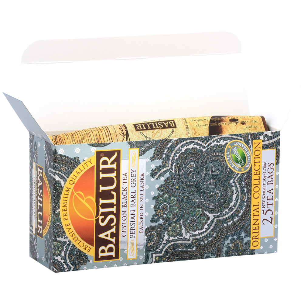 Otwarta paczka Basilur Persian Earl Grey z widocznymi saszetkami herbaty