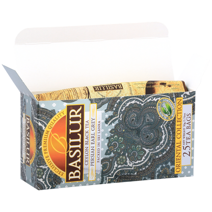 Otwarta paczka Basilur Persian Earl Grey z widocznymi saszetkami herbaty