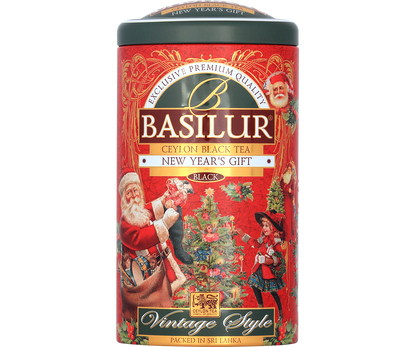 Przód puszki Basilur New Year’s Gift z napisem Ceylon Black Tea Vintage Style