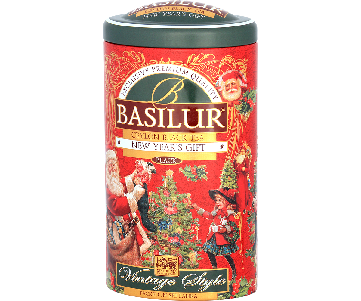 Herbata Basilur New Year’s Gift w czerwonej puszce z motywem Świętego Mikołaja