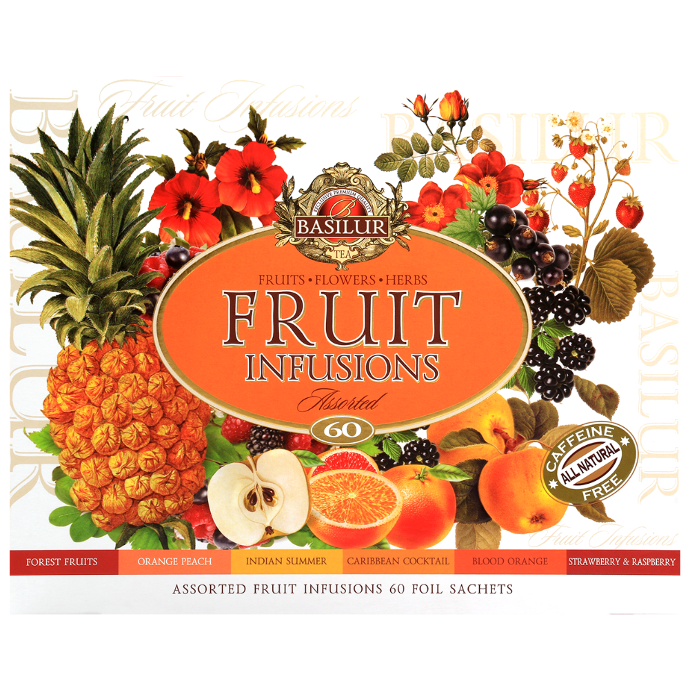Zdjęcie przedstawia kolorowe opakowanie Basilur Fruit Infusions Assorted z owocami w tle i informacją o zestawie 60 saszetek bezkofeinowych naparów.
