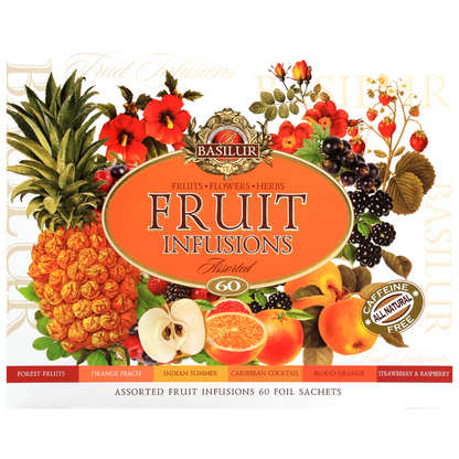 Zdjęcie przedstawia kolorowe opakowanie Basilur Fruit Infusions Assorted z owocami w tle i informacją o zestawie 60 saszetek bezkofeinowych naparów.
