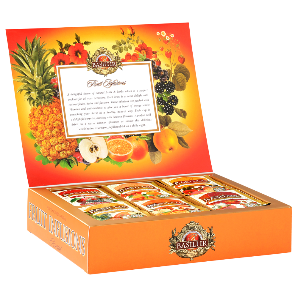 Zdjęcie ukazuje otwarte pudełko Basilur Fruit Infusions Assorted z widocznymi saszetkami owocowych naparów w eleganckiej aranżacji.
