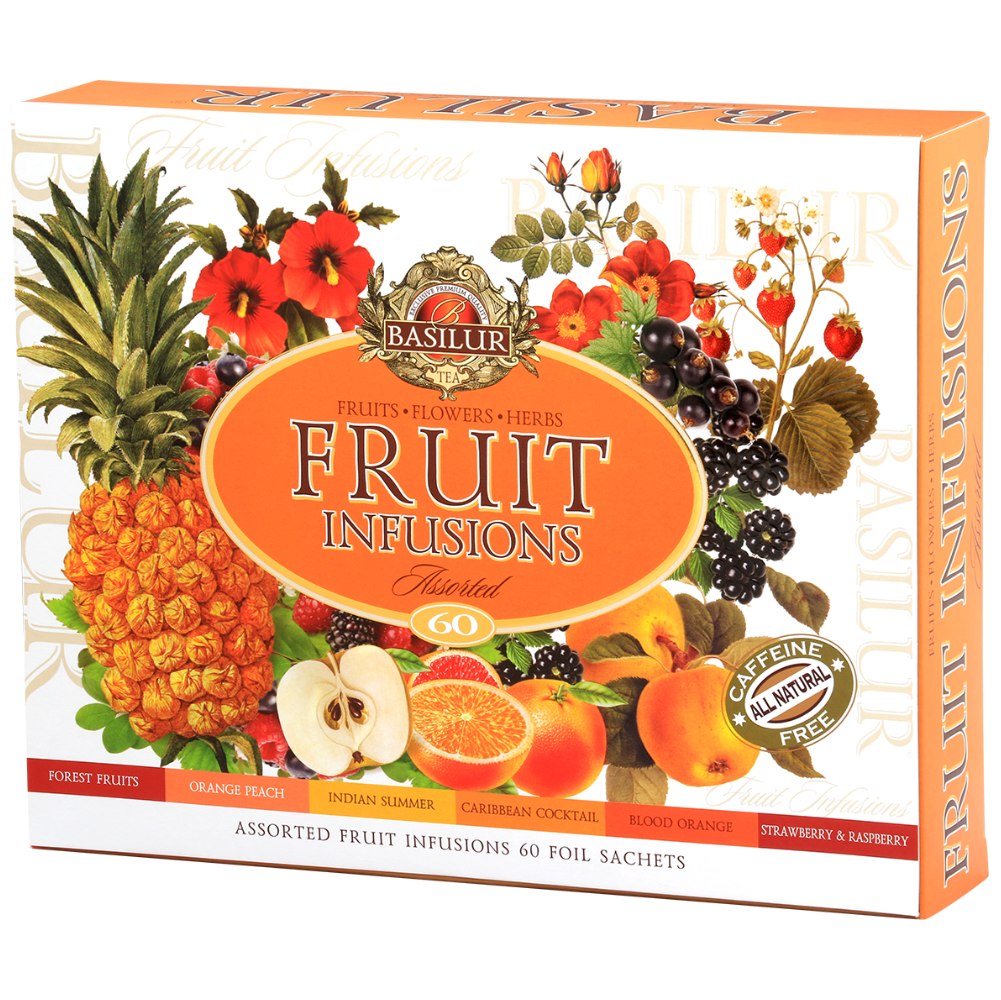 Zdjęcie prezentuje front pudełka Basilur Fruit Infusions Assorted z dużą ilustracją owoców i oznaczeniem odmian naparów.
