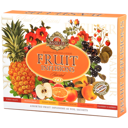 Zdjęcie prezentuje front pudełka Basilur Fruit Infusions Assorted z dużą ilustracją owoców i oznaczeniem odmian naparów.
