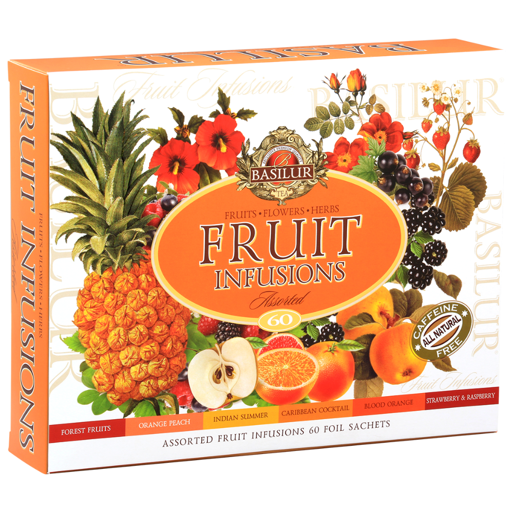 Zdjęcie ukazuje zestaw Basilur Fruit Infusions Assorted z widoczną grafiką owoców i informacją o naturalnym składzie.
