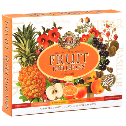 Zdjęcie ukazuje zestaw Basilur Fruit Infusions Assorted z widoczną grafiką owoców i informacją o naturalnym składzie.
