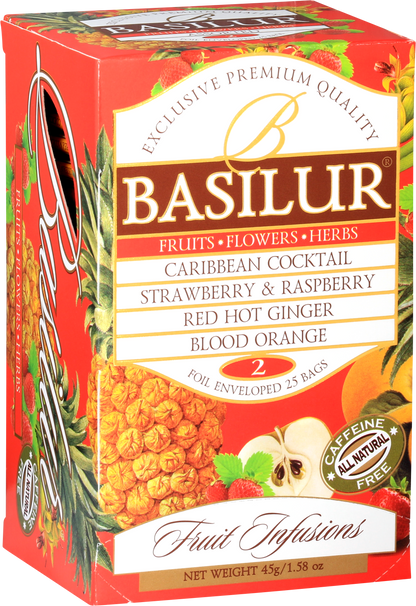 Zestaw herbat Basilur Fruit Infusions 2 w kolorowym, owocowym opakowaniu.