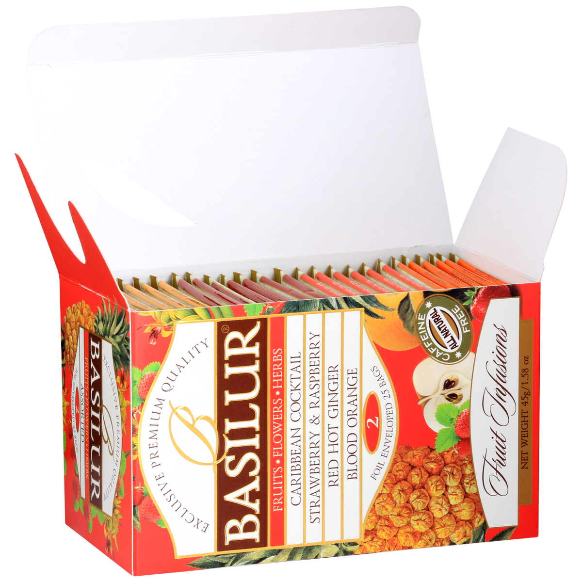 Herbata Basilur Fruit Infusions 2 przedstawiona na froncie z listą smaków i grafiką owoców.