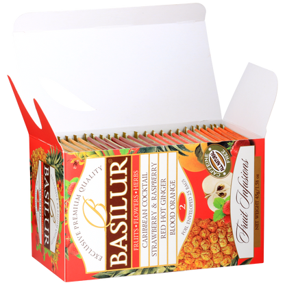 Herbata Basilur Fruit Infusions 2 przedstawiona na froncie z listą smaków i grafiką owoców.