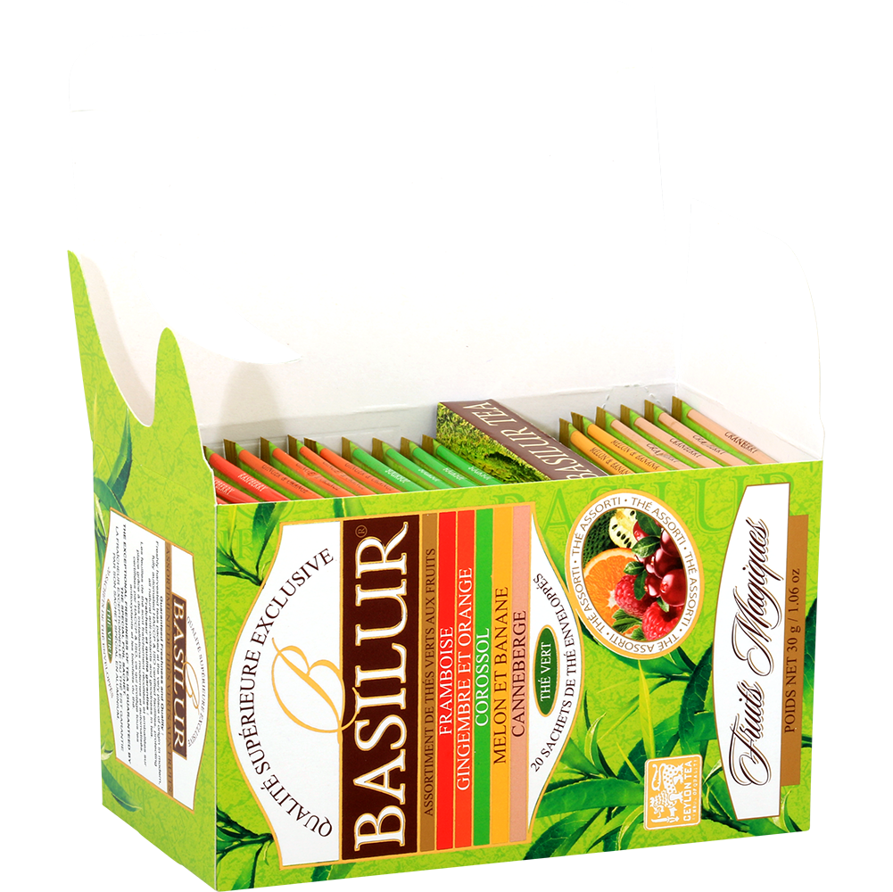 Zestaw herbat Basilur Green Tea Magic Fruits w otwartym pudełku z widocznymi torebkami smakowych herbat.