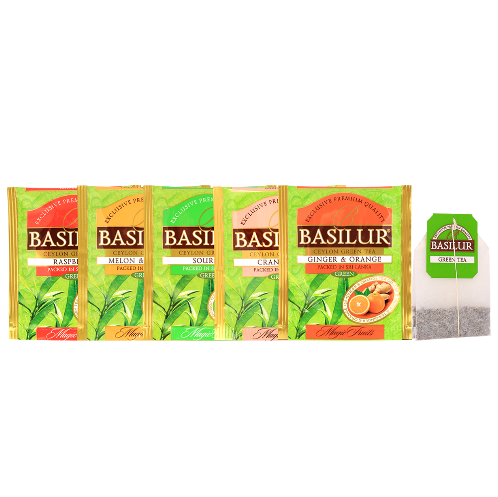 Torebki herbat Basilur Green Tea o smakach owocowych: malina, imbir i pomarańcza, flaszowiec, melon z bananem, żurawina.