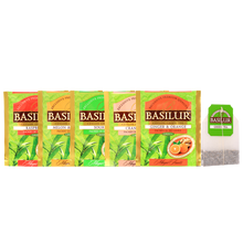 Torebki herbat Basilur Green Tea o smakach owocowych: malina, imbir i pomarańcza, flaszowiec, melon z bananem, żurawina.