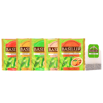 Torebki herbat Basilur Green Tea o smakach owocowych: malina, imbir i pomarańcza, flaszowiec, melon z bananem, żurawina.
