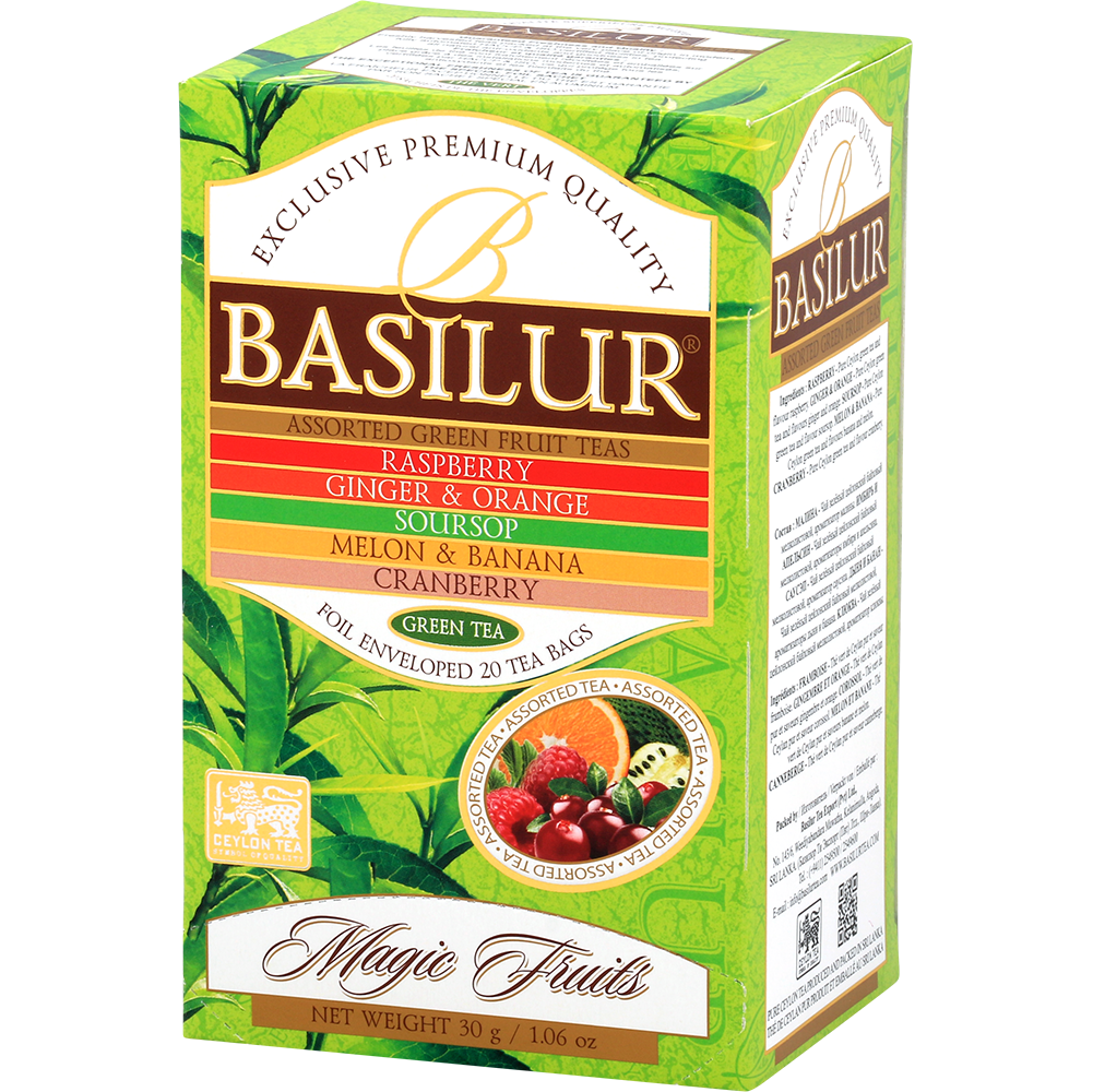 Opakowanie herbat Basilur Green Tea Magic Fruits z listą smaków owocowych.