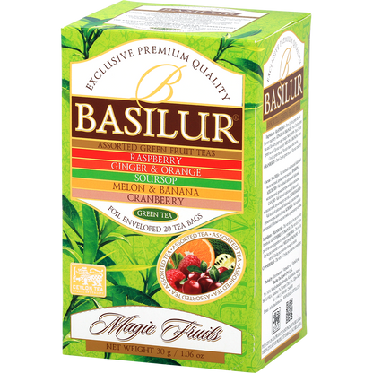Opakowanie herbat Basilur Green Tea Magic Fruits z listą smaków owocowych.