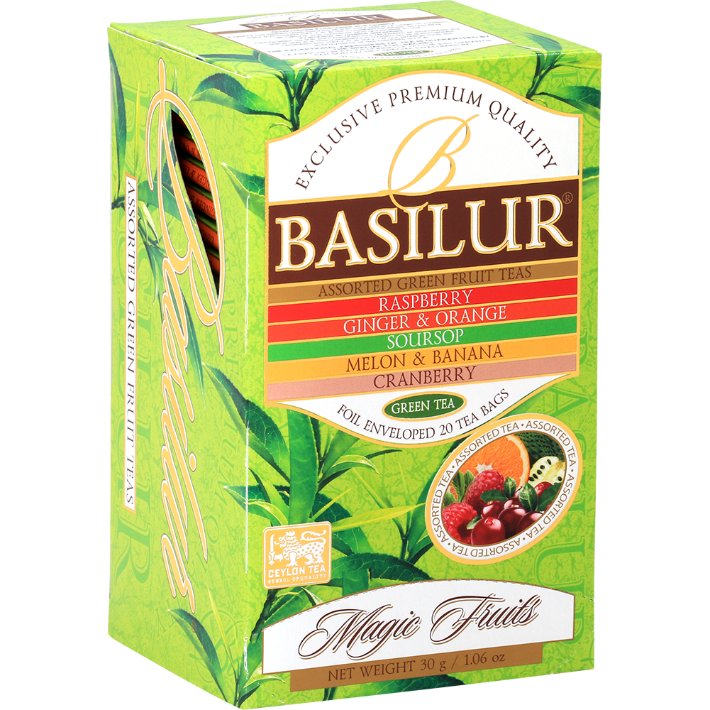 Zestaw herbat Basilur Magic Fruits w zielonym opakowaniu z owocowym motywem.