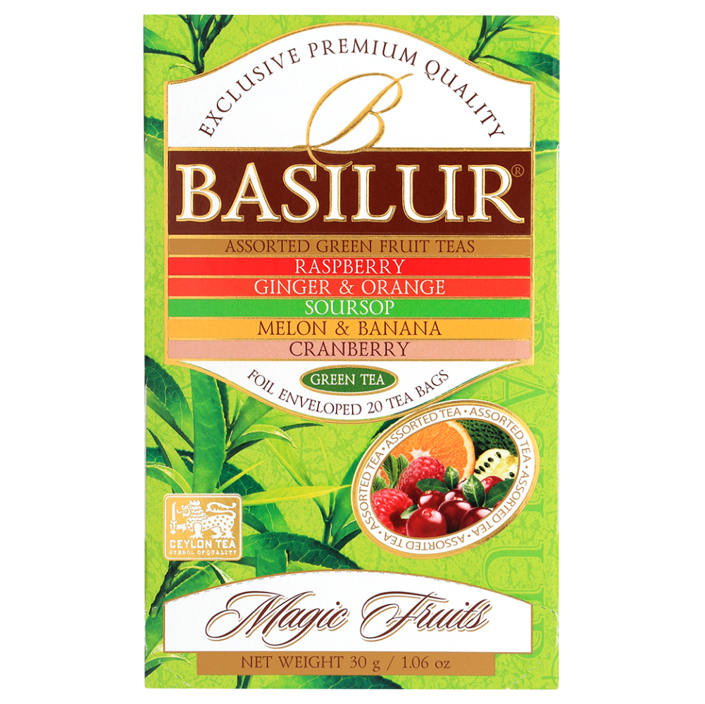 Przód opakowania Basilur Green Tea Magic Fruits z opisem smaków i logo Basilur.