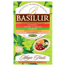 Przód opakowania Basilur Green Tea Magic Fruits z opisem smaków i logo Basilur.