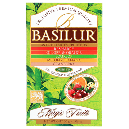Przód opakowania Basilur Green Tea Magic Fruits z opisem smaków i logo Basilur.