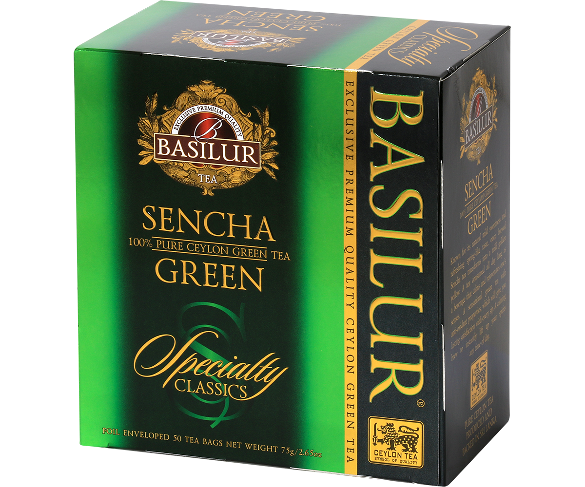 Boczne ujęcie opakowania herbaty Basilur Sencha Green z logo marki.