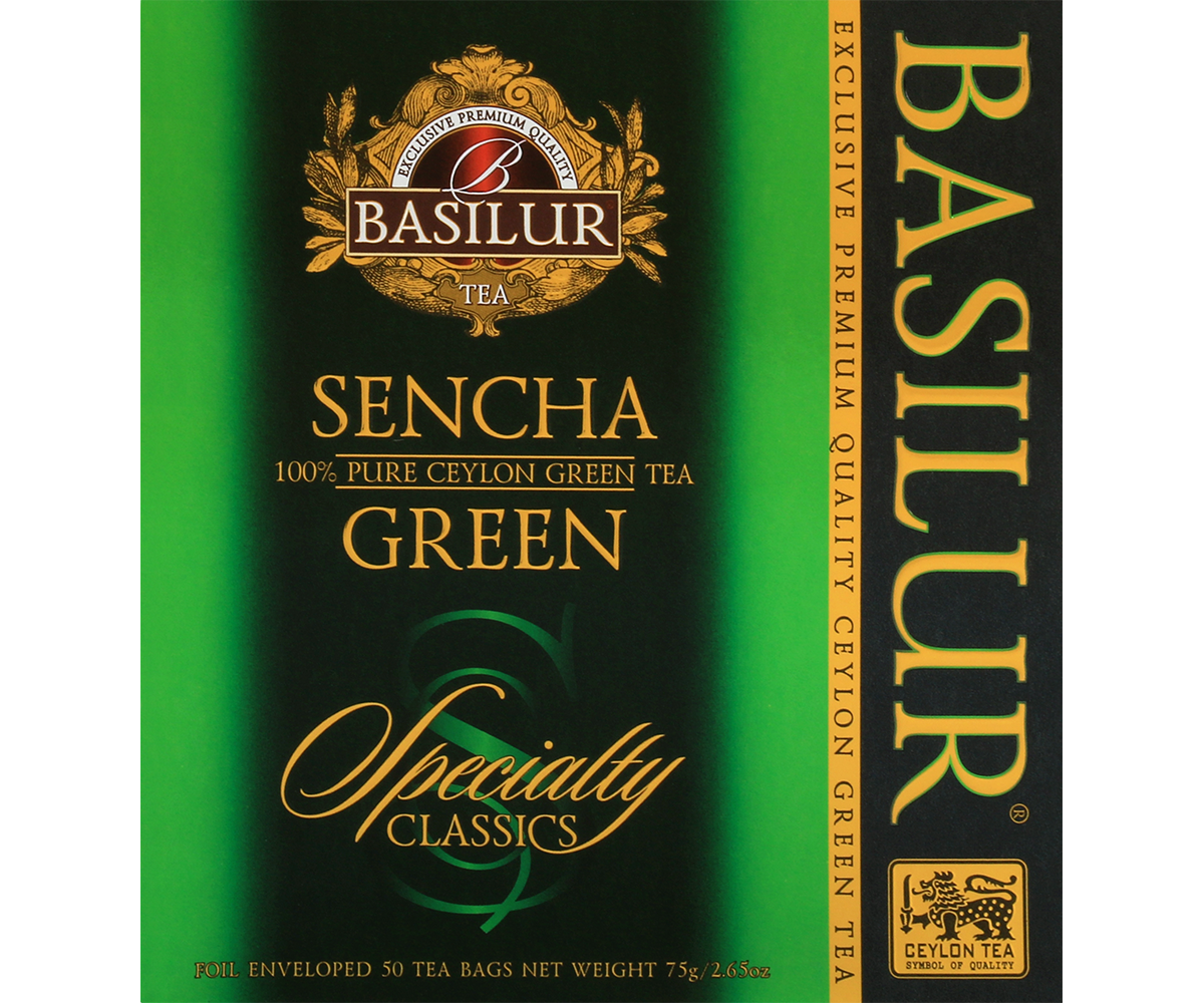 Opakowanie herbaty Basilur Sencha Green w klasycznym zielono-czarnym designie.