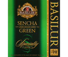 Opakowanie herbaty Basilur Sencha Green w klasycznym zielono-czarnym designie.