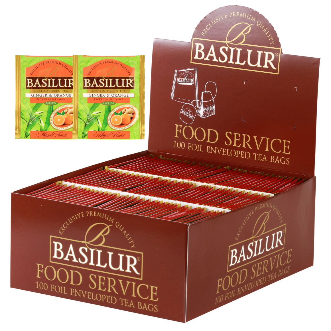 Herbata Basilur Ginger & Orange w ekspozytorze typu food service, 100 torebek w kopertach.