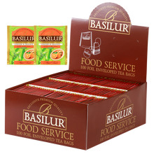 Herbata Basilur Ginger & Orange w ekspozytorze typu food service, 100 torebek w kopertach.